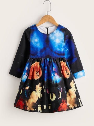 Young Girl Halloween Print Tie Back Party Dress