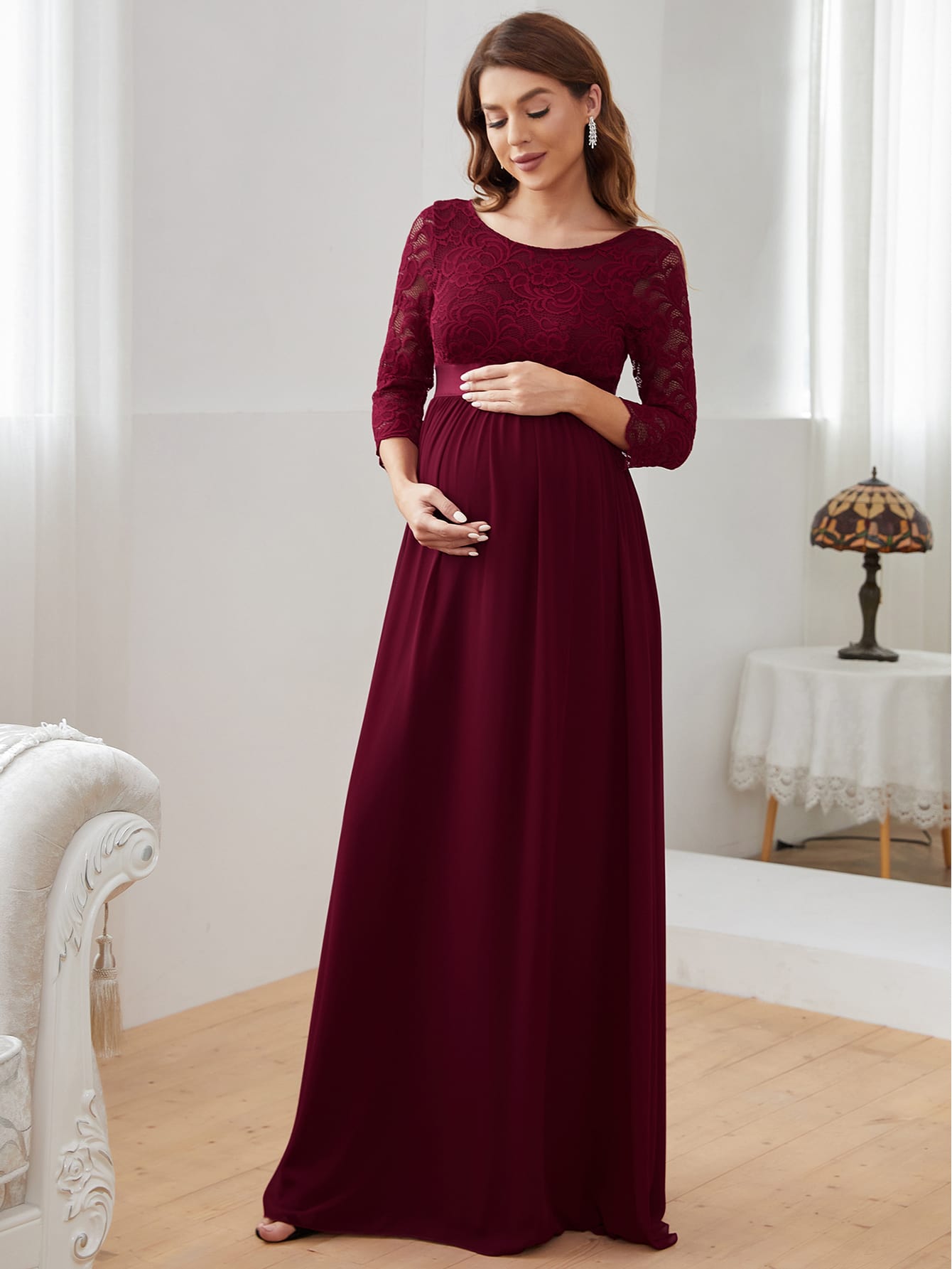 EVER-PRETTY Maternity Plus Lace Panel Belted Chiffon Dress