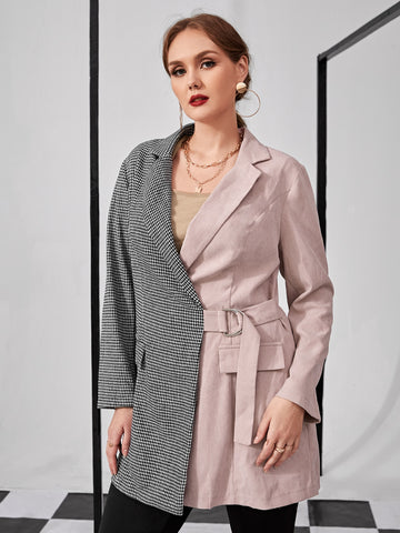 Plus Two Tone Houndstooth Buckled Knot Side Overcoat