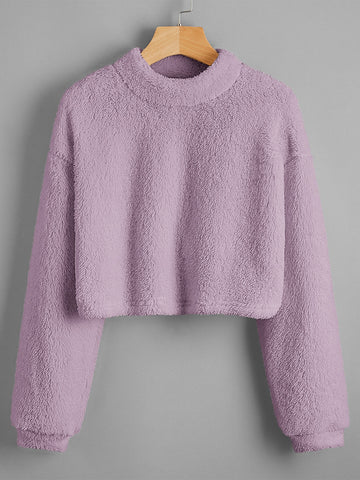 Mock Neck Drop Shoulder Crop Teddy Pullover