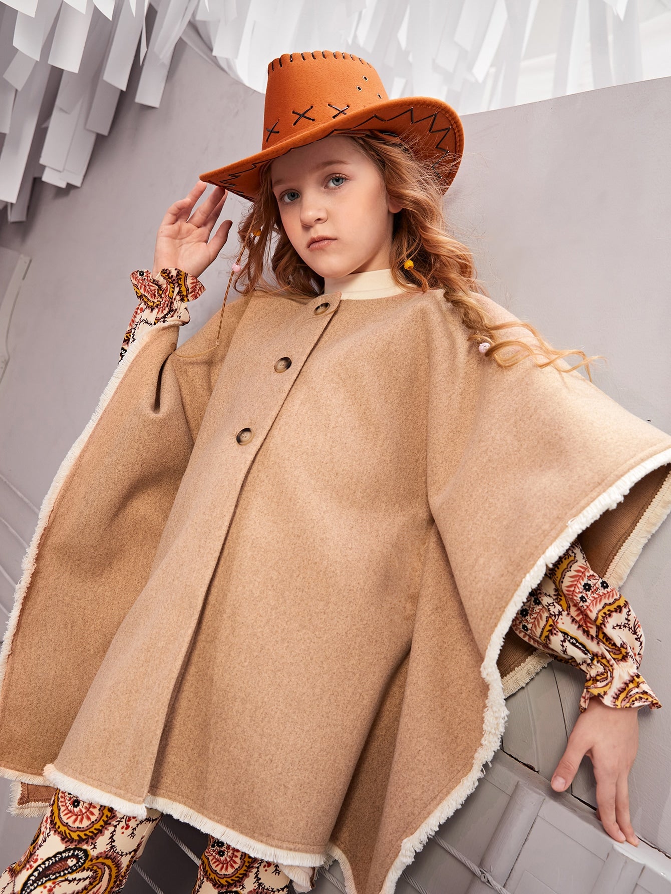 Girls Button Front Fringe Trim Overcoat