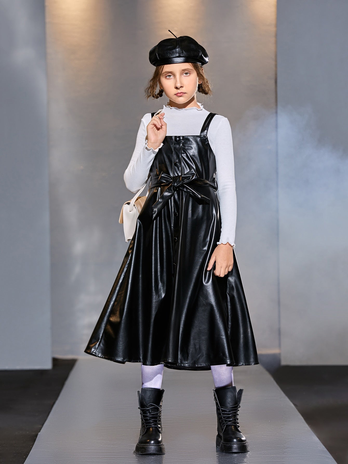 Girls Solid Lettuce Trim Top & Belted PU Leather Overall Dress