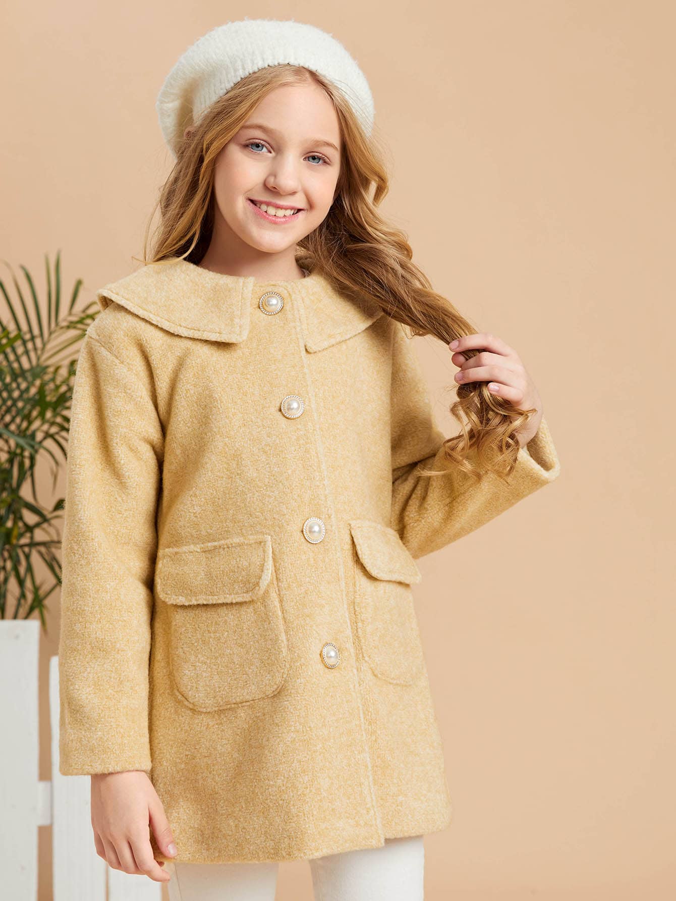 Girls Flap Pocket Fold Pleated Detail Overcoat