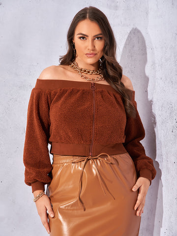 Plus Off Shoulder Zip Up Teddy Jacket