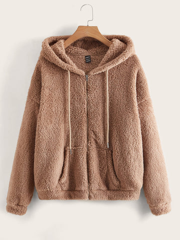 Drop Shoulder Drawstring Hooded Teddy Jacket