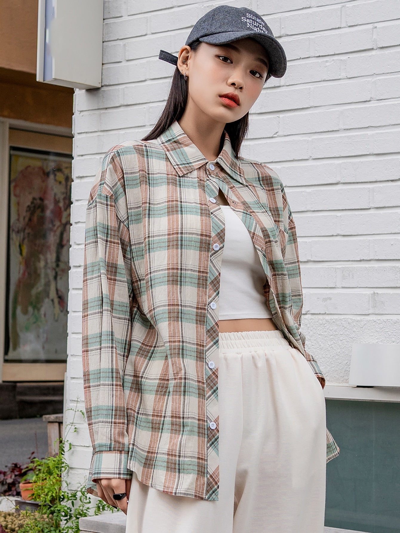 Plaid Button Front Pocket Drop Shoulder Blouse