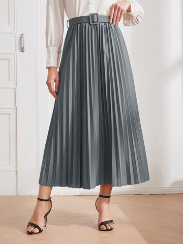 Solid Belted Pleated Skirt