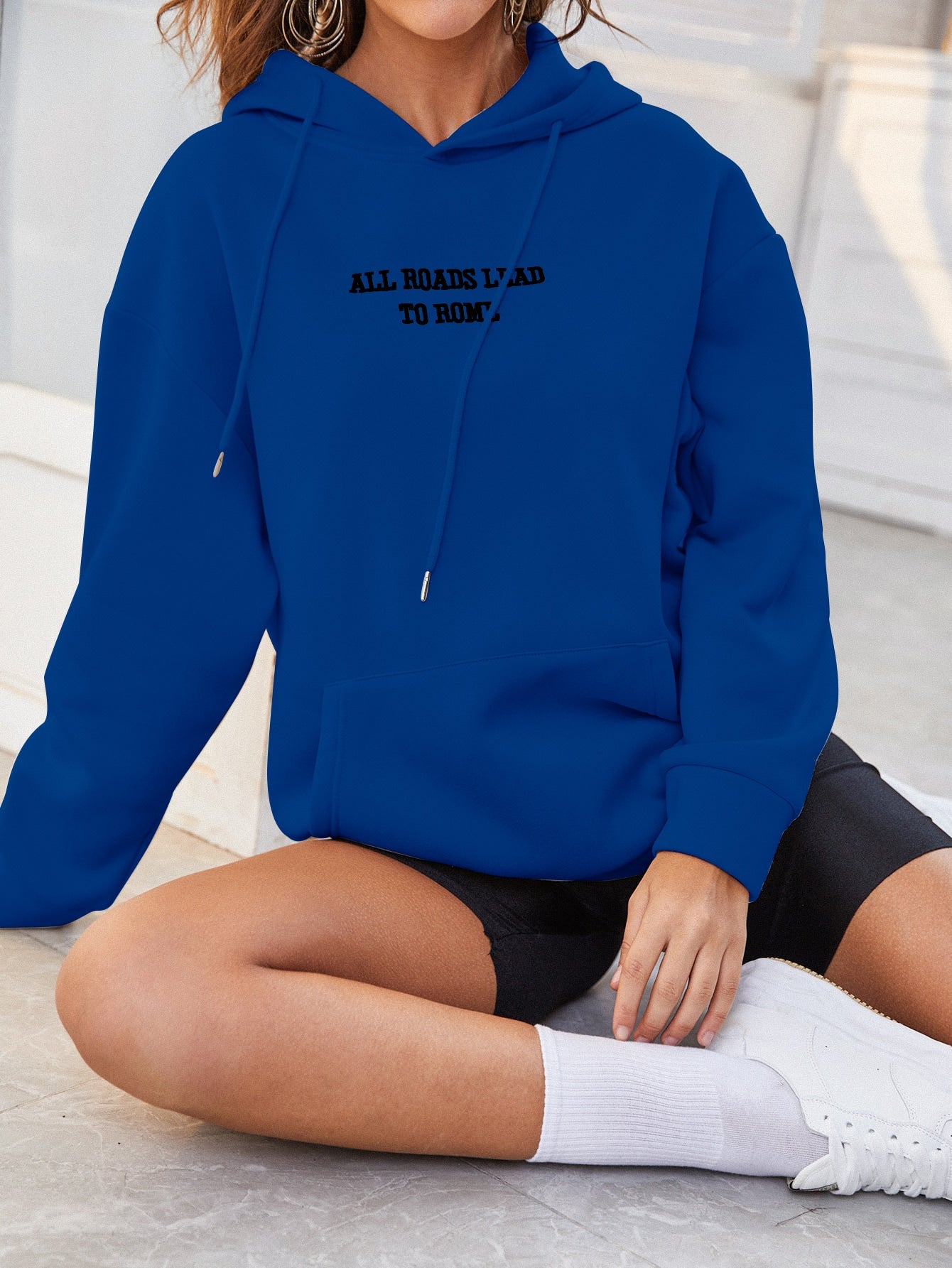 Slogan Embroidery Drop Shoulder Hoodie