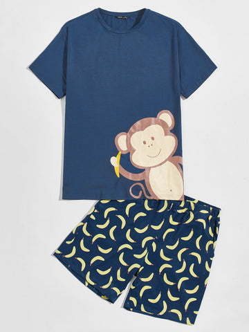 Men Monkey Print Top & Banana Shorts PJ Set