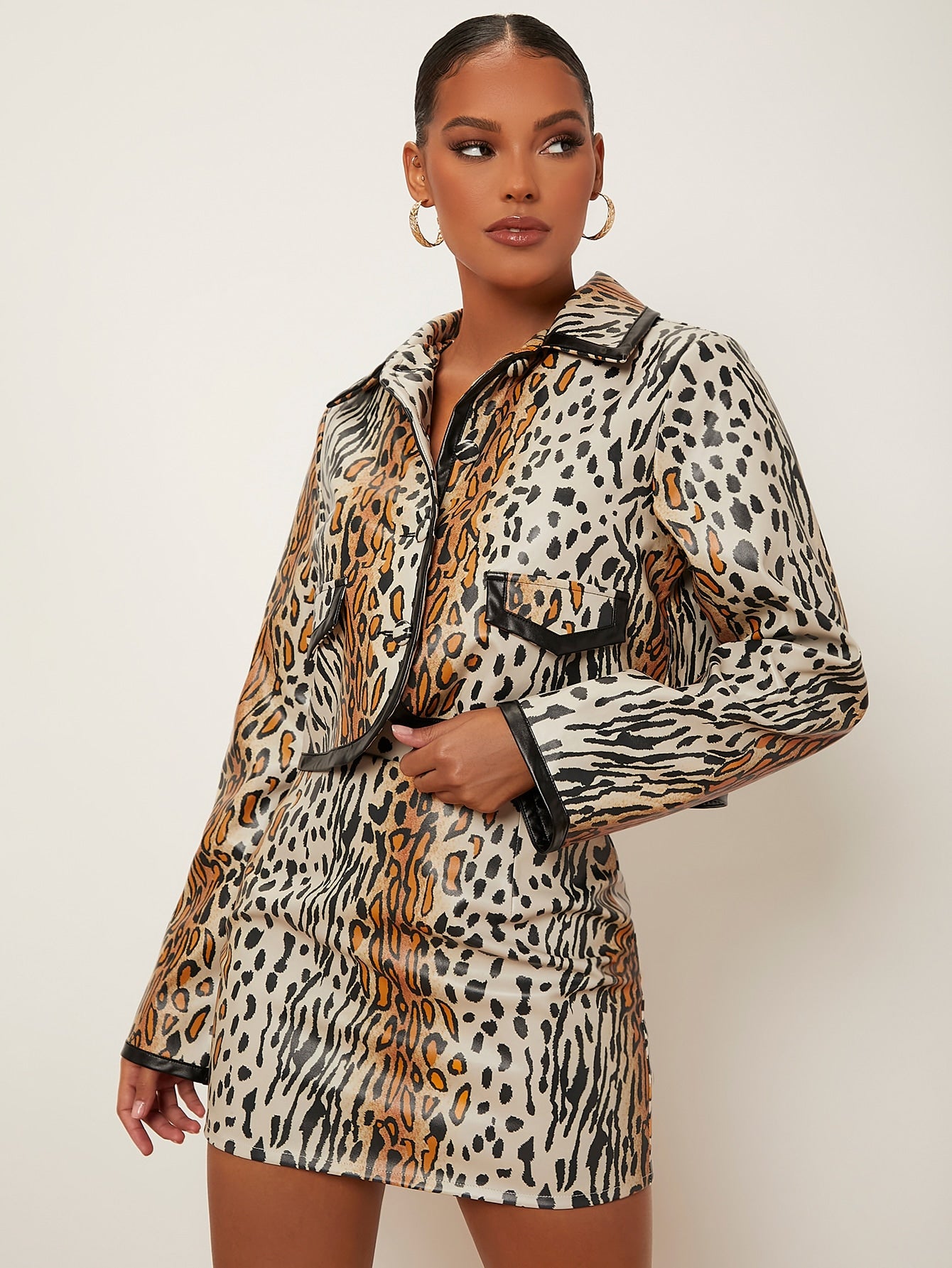 Leopard Print Contrast Binding PU Leather Jacket