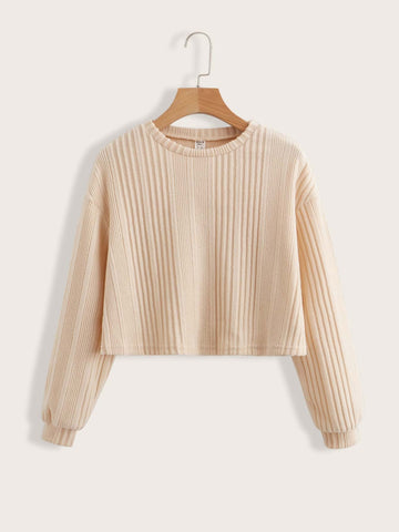 Casual Long Sleeve Striped Knit Drop Shoulder T-Shirt For Teenage Girls