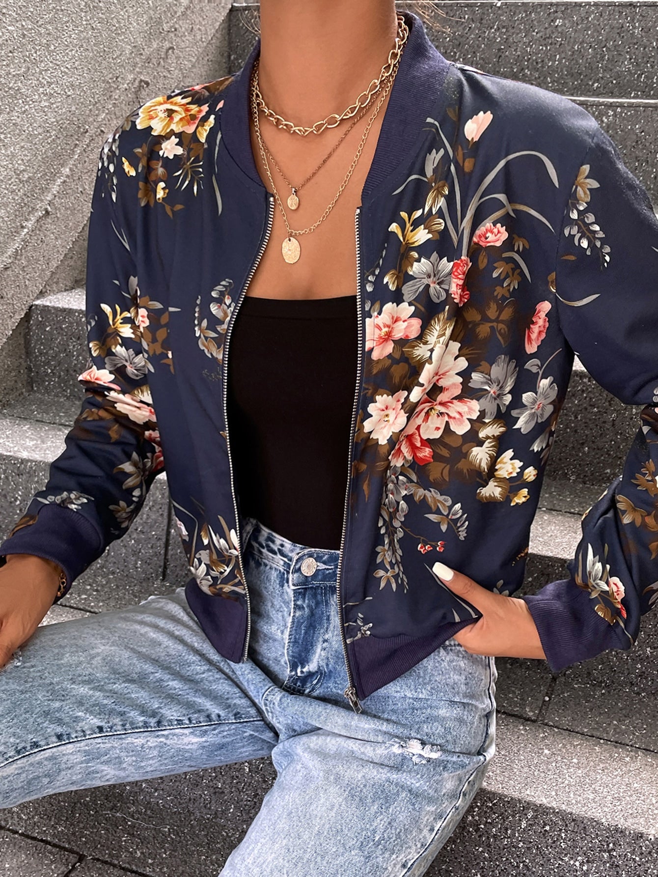 Floral Print Zipper Bomber Jacket