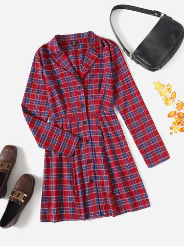 Tartan Lapel Collar Shirt Dress