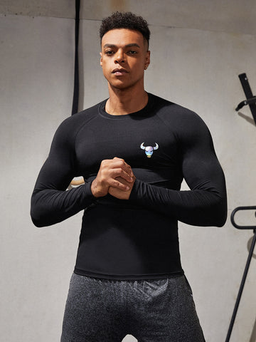 Men High Stretch Bull Print Sports Tee Workout Tops