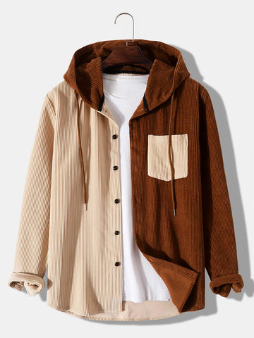 Men Corduroy Two Tone Pocket Front Drawstring Hooded Corduroy Coat