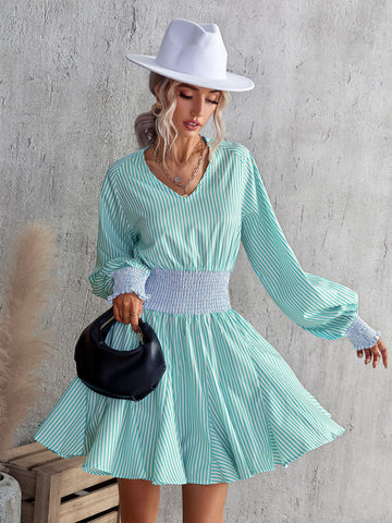 Stripe Lantern Sleeve Shirred Waist Dress