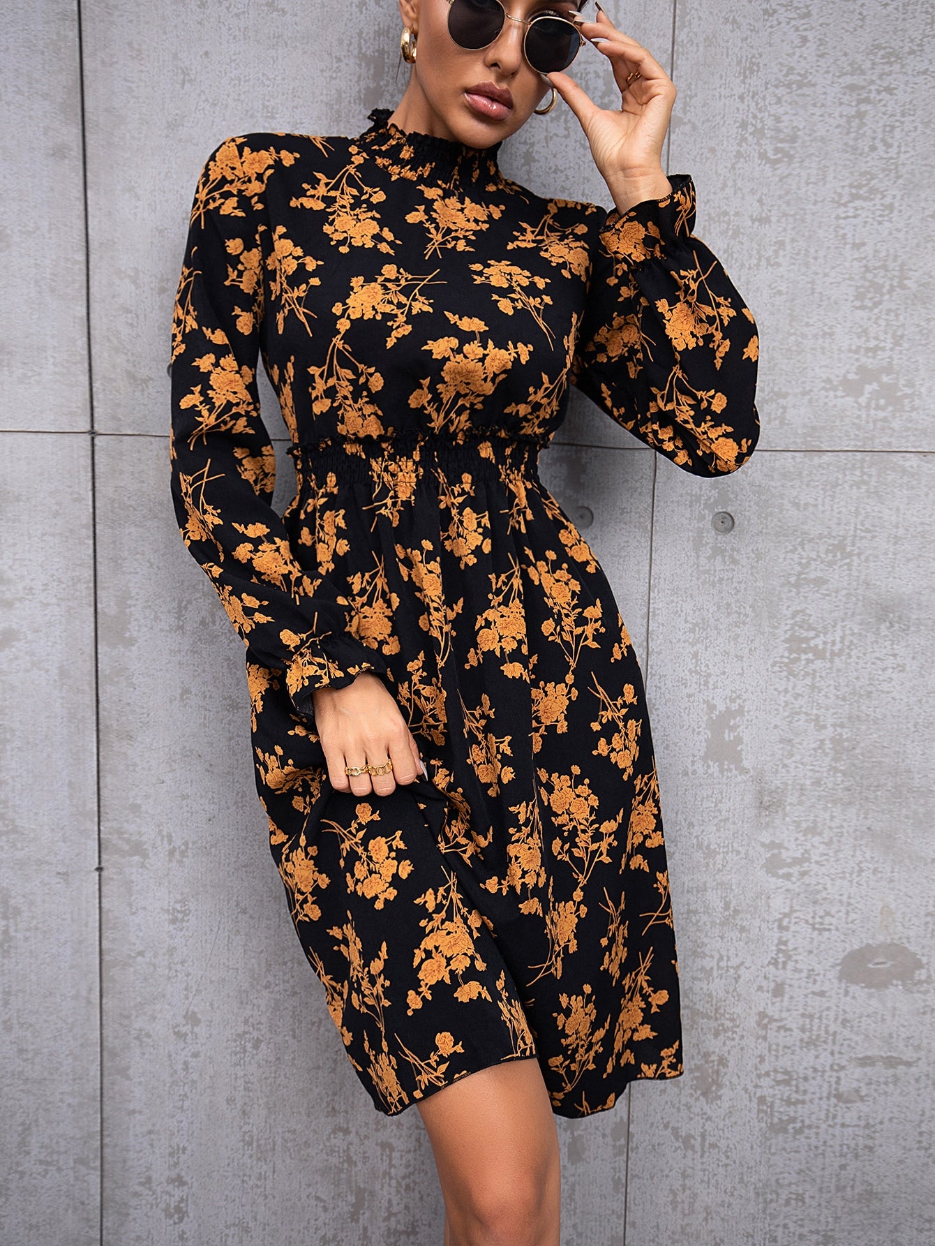 Floral Print Ruffle Neck Flounce Sleeve Shirred A-line Dress