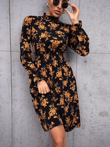 Floral Print Ruffle Neck Flounce Sleeve Shirred A-line Dress