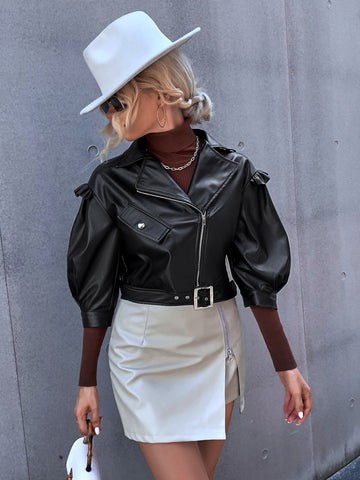 PU Bishop Sleeve Belted Moto Jacket