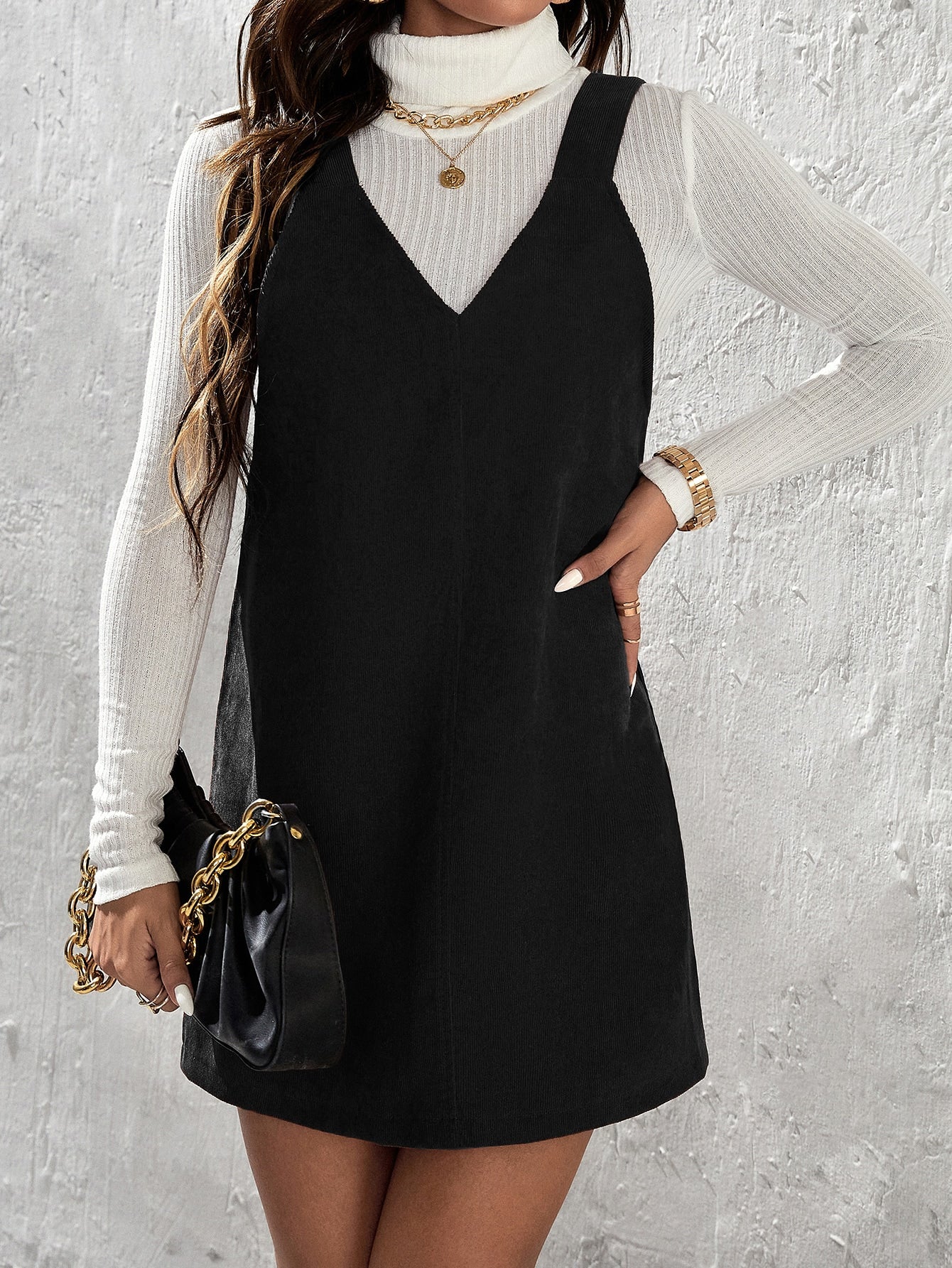 Solid Corduroy Overall Dress Without Sweater