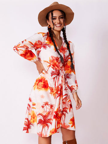 Coconut Tree Print Knot Front Wrap Dress