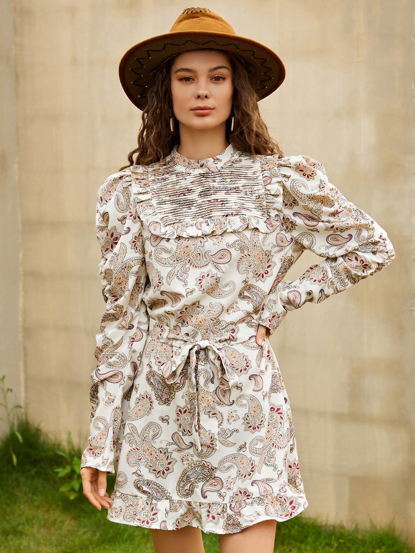 Paisley Print Gigot Sleeve Ruffle Trim Belted Dress