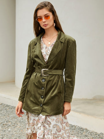 Lapel Neck Belted Corduroy Coat