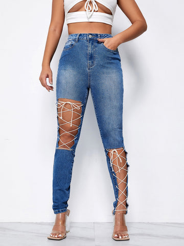 Cutout Lace Up Detail Jeans