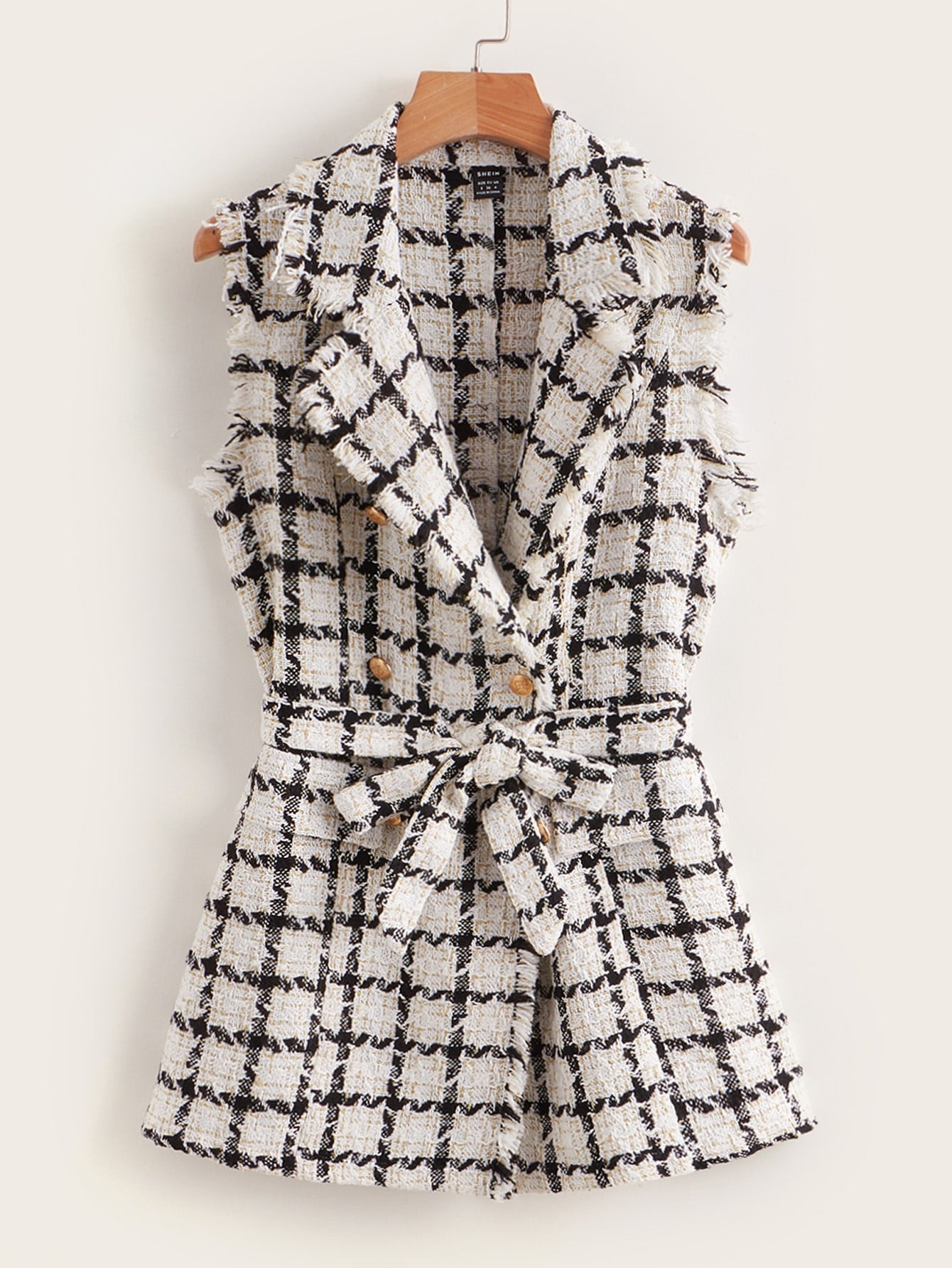 Plaid Pattern Raw Trim Belted Tweed Vest Overcoat