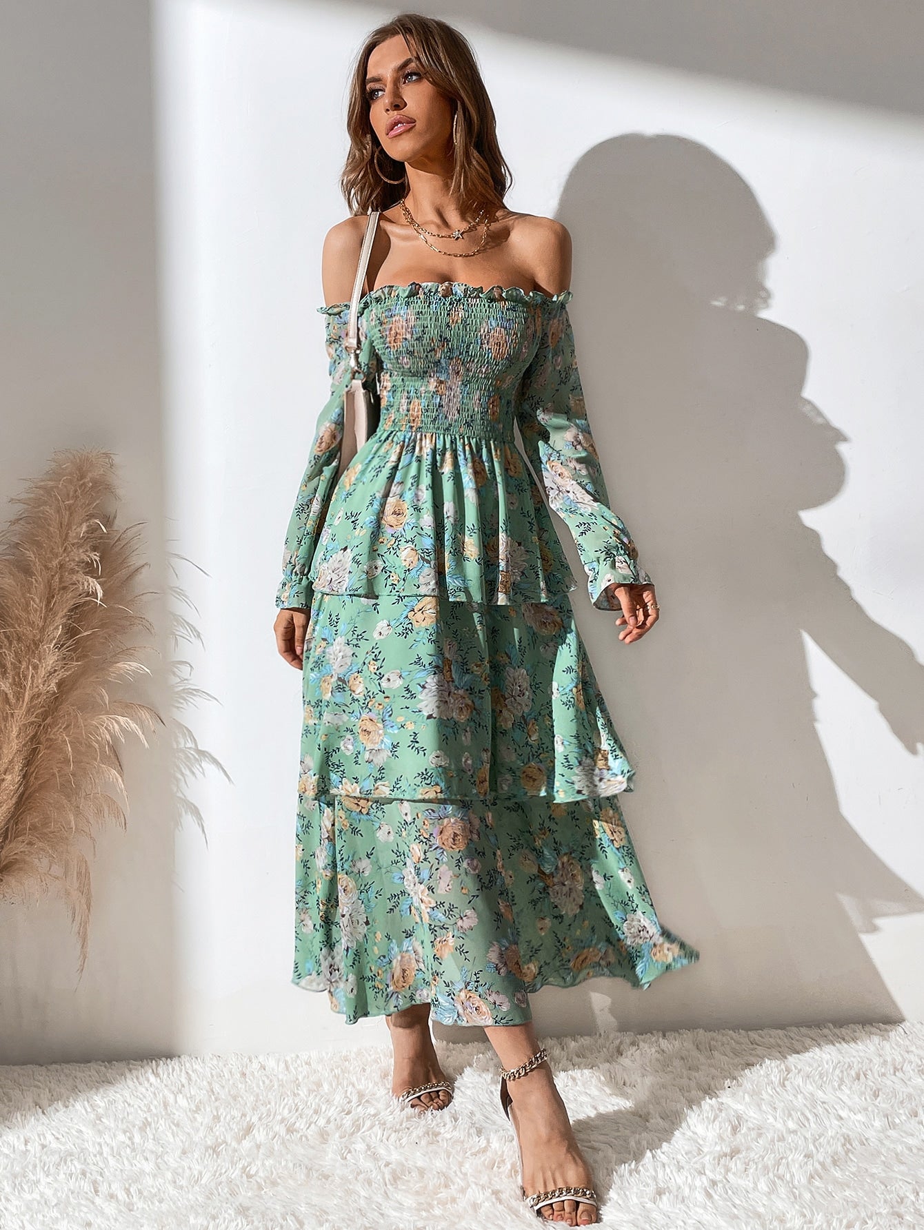 Allover Floral Print Off The Shoulder Shirred Layered Hem Dress