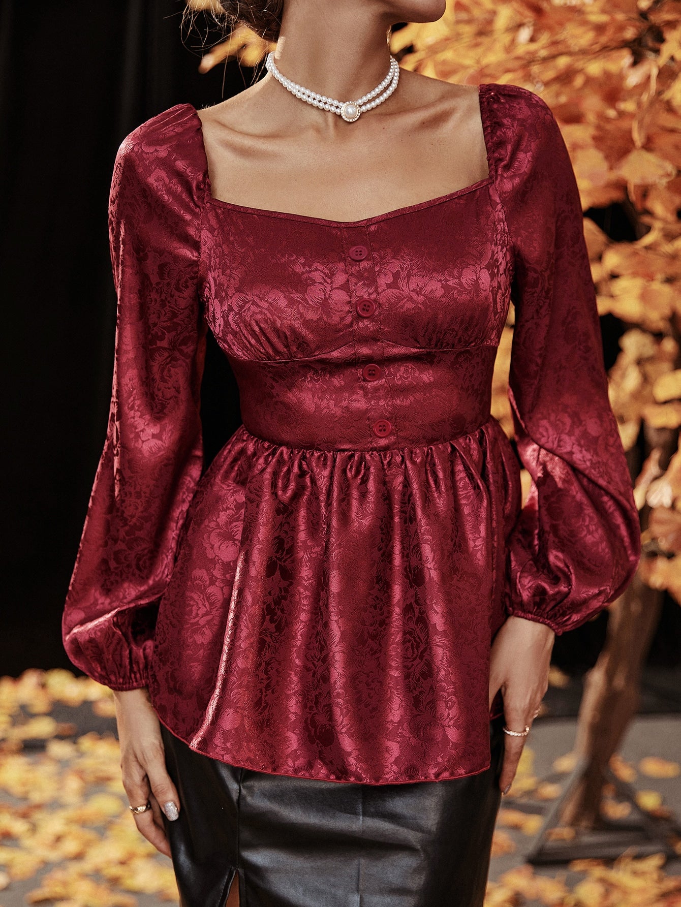 Floral Jacquard Lantern Sleeve Sweetheart Neck Peplum Hem Satin Blouse