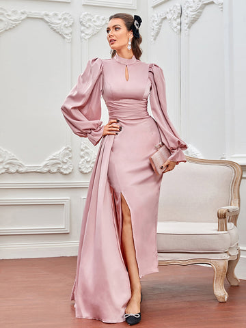 Keyhole Neckline Flounce Sleeve Side Draped Split Thigh Ruched Satin Prom Dress