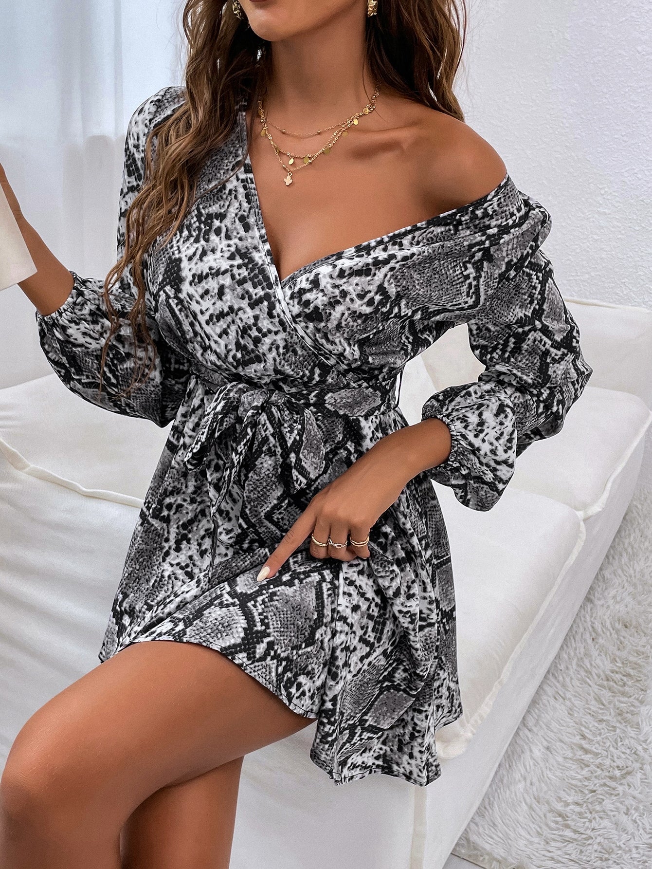 Snakeskin Print Surplice Neck Belted Dress