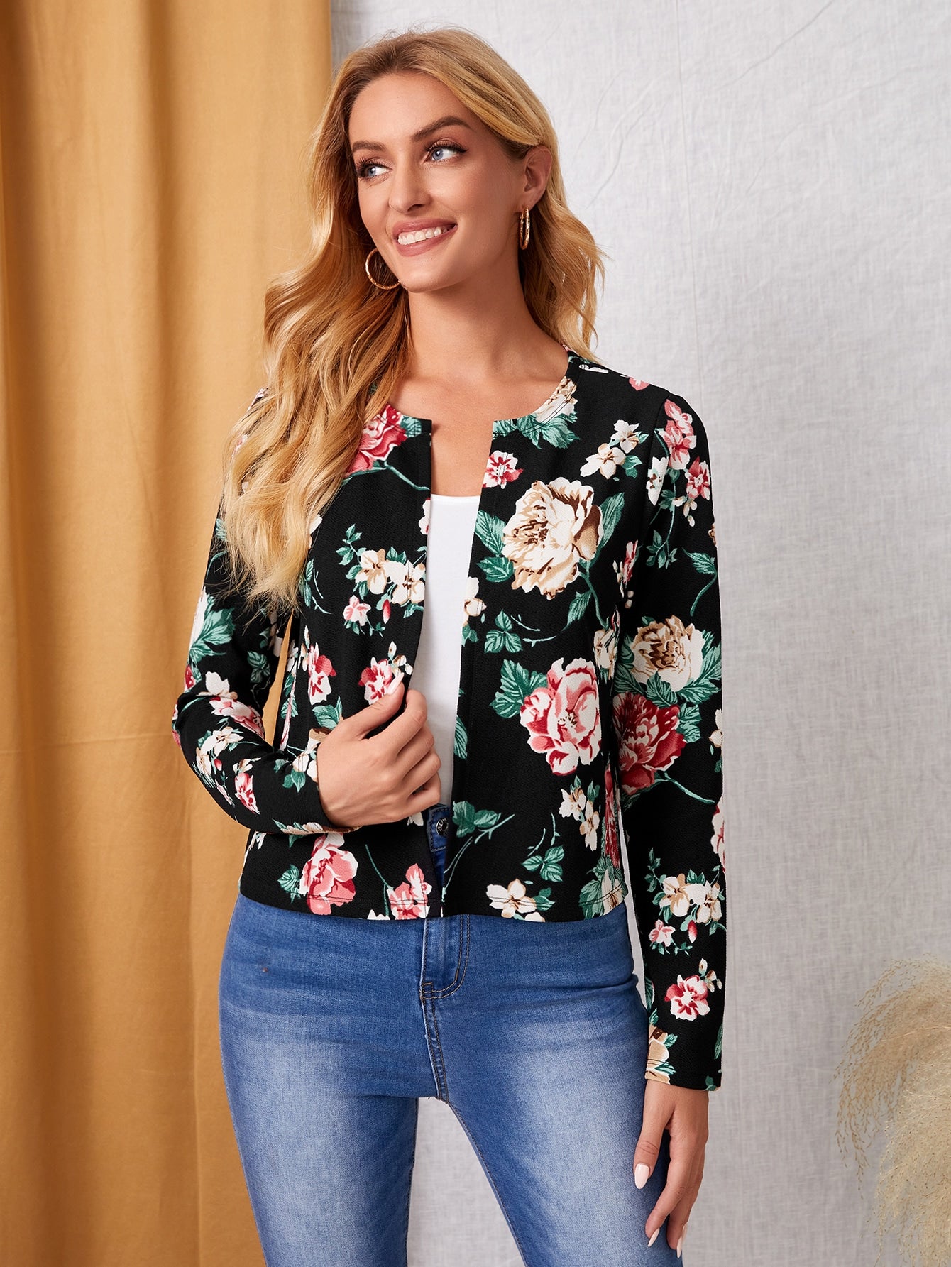 Floral Print Open Front Jacket