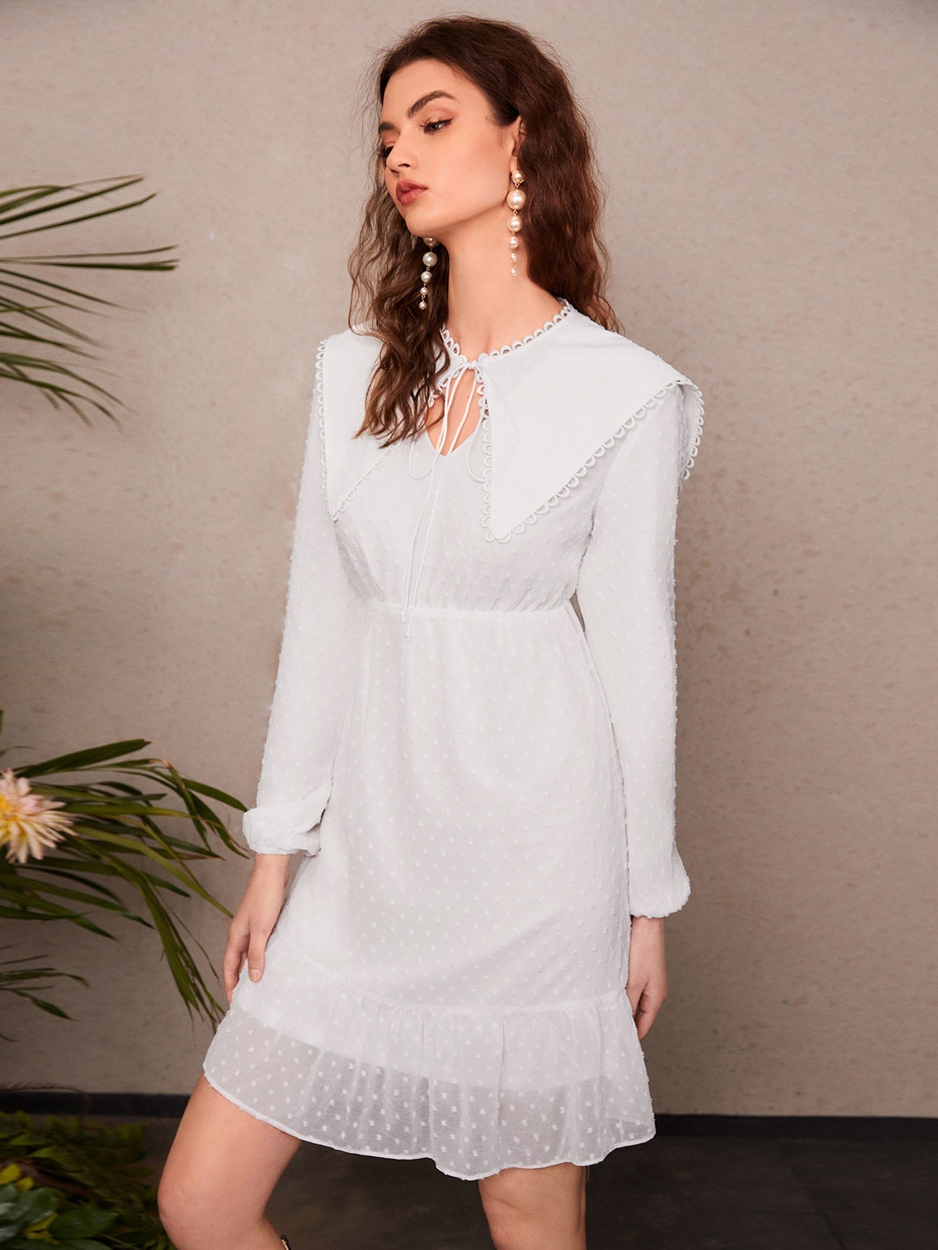 Swiss Dot Tie Front Statement Collar Lantern Sleeve Ruffle Hem Dress