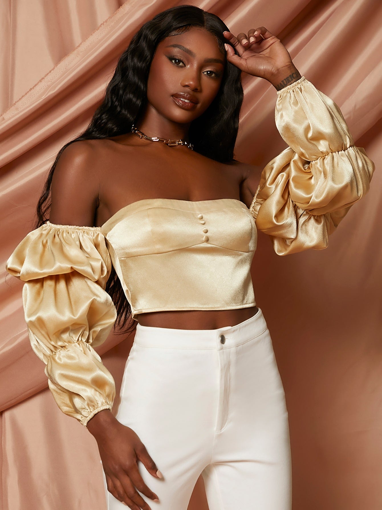 Off Shoulder Gathered Sleeve Crop Top