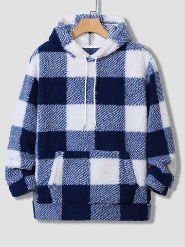 Loose Fit Men's Buffalo Check Pattern Drawstring Fleece Hoodie