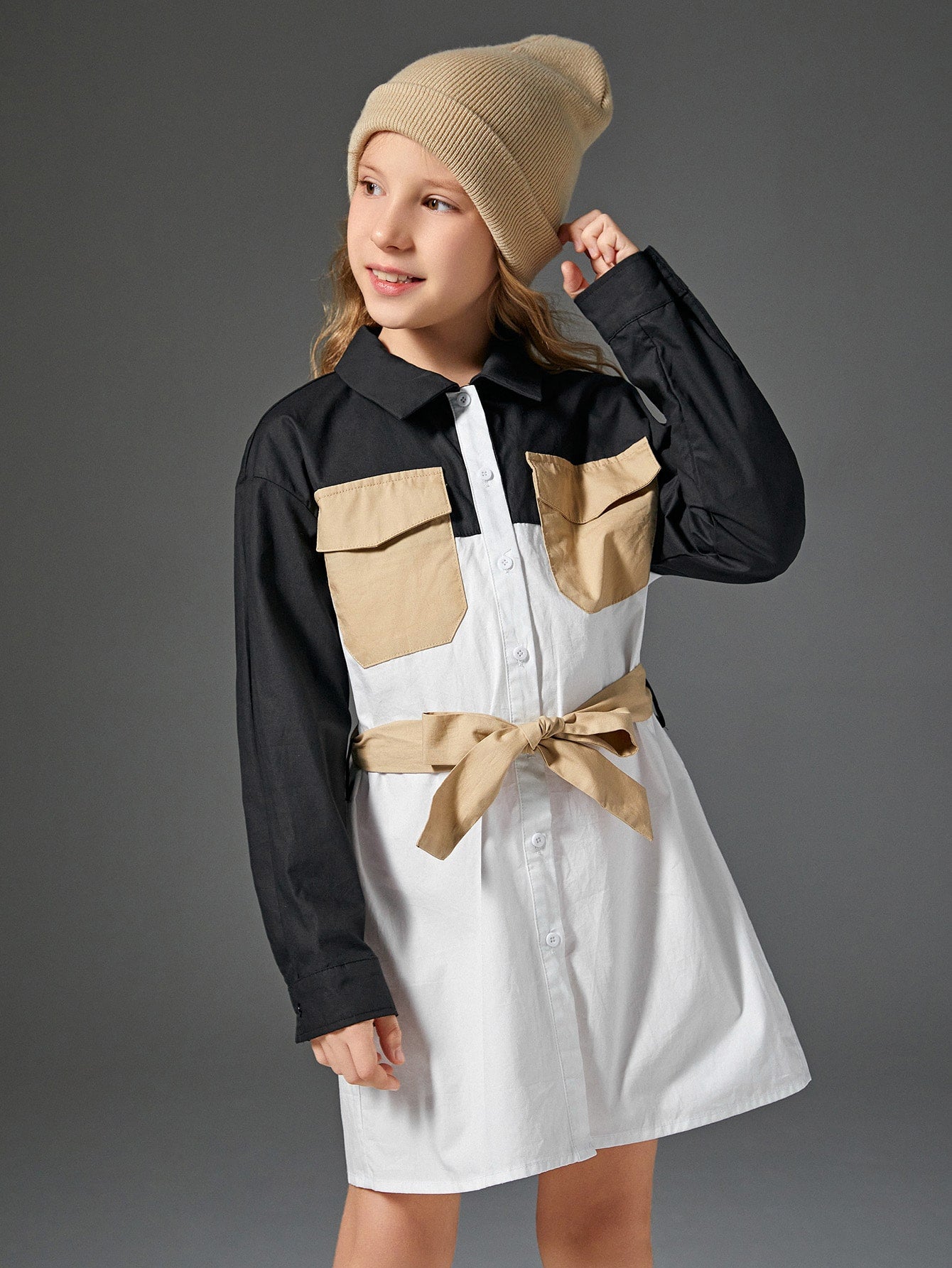 Girls Colorblock Flap Pocket Drop Shoulder Belted Shirt Dress