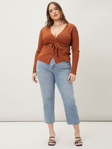 PLUS SCALLOP TRIM BELTED CARDIGAN