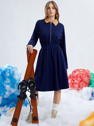 Borg Collar Half Zip Velvet Dress