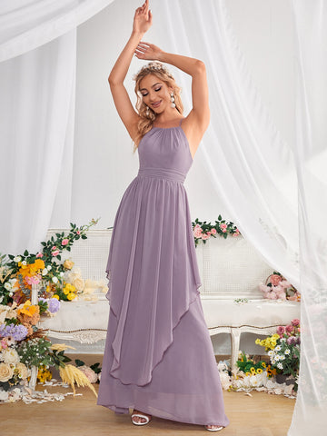 Ruched Peplum Waist Chiffon Cami Bridesmaid Dress