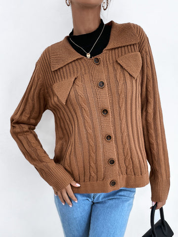 Cable Knit 3D Patched Button Front Cardigan