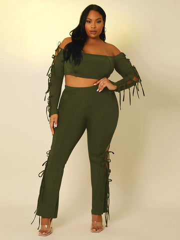 Plus Knot Side Off Shoulder Crop Top & Boot-Cut Leg Pants