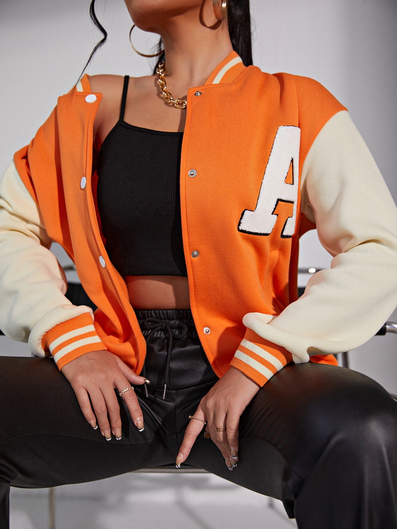 Letter Embroidery Drop Shoulder Colorblock Varsity Jacket