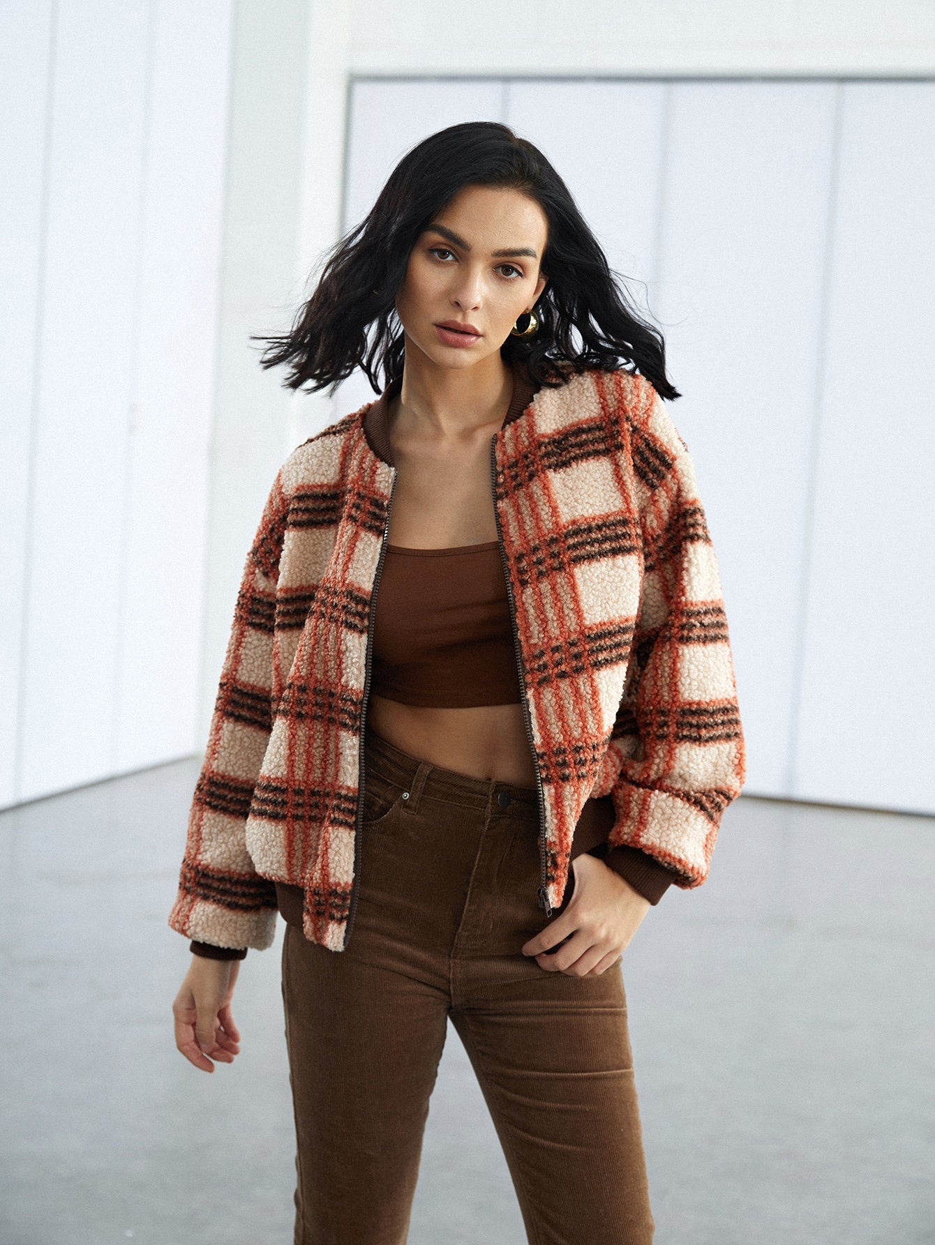 Plaid Print Drop Shoulder Fuzzy Bomber Jacket