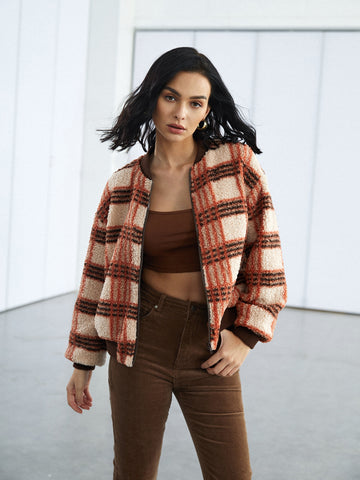 Plaid Print Drop Shoulder Fuzzy Bomber Jacket