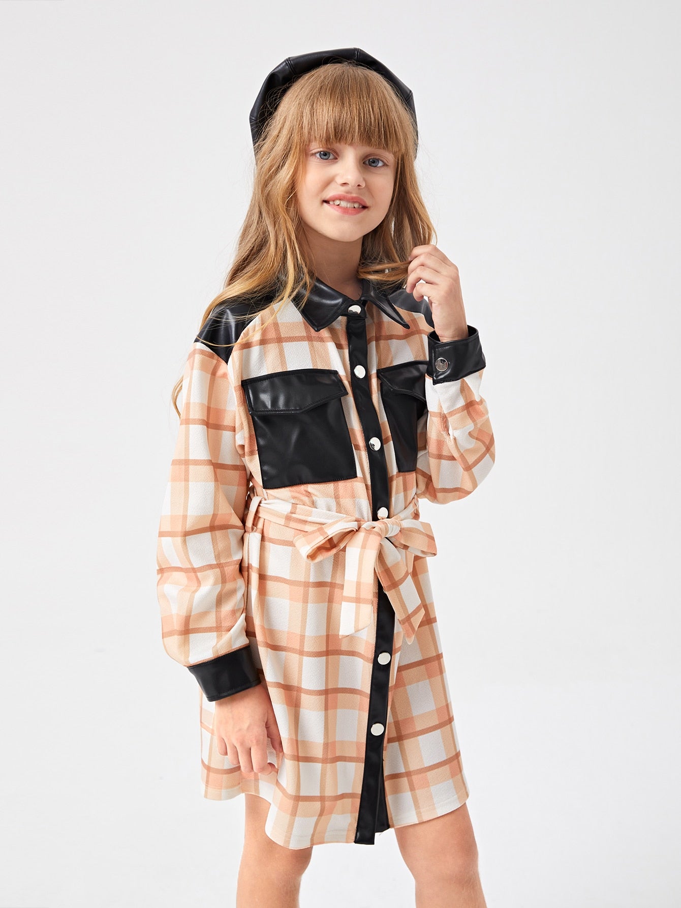 Girls Plaid Flap Pocket Drop Shoulder Contrast PU Leather Belted Dress