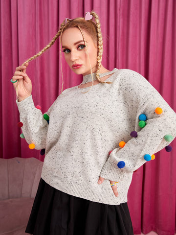 Plus Keyhole Neck Pom Pom Sweater