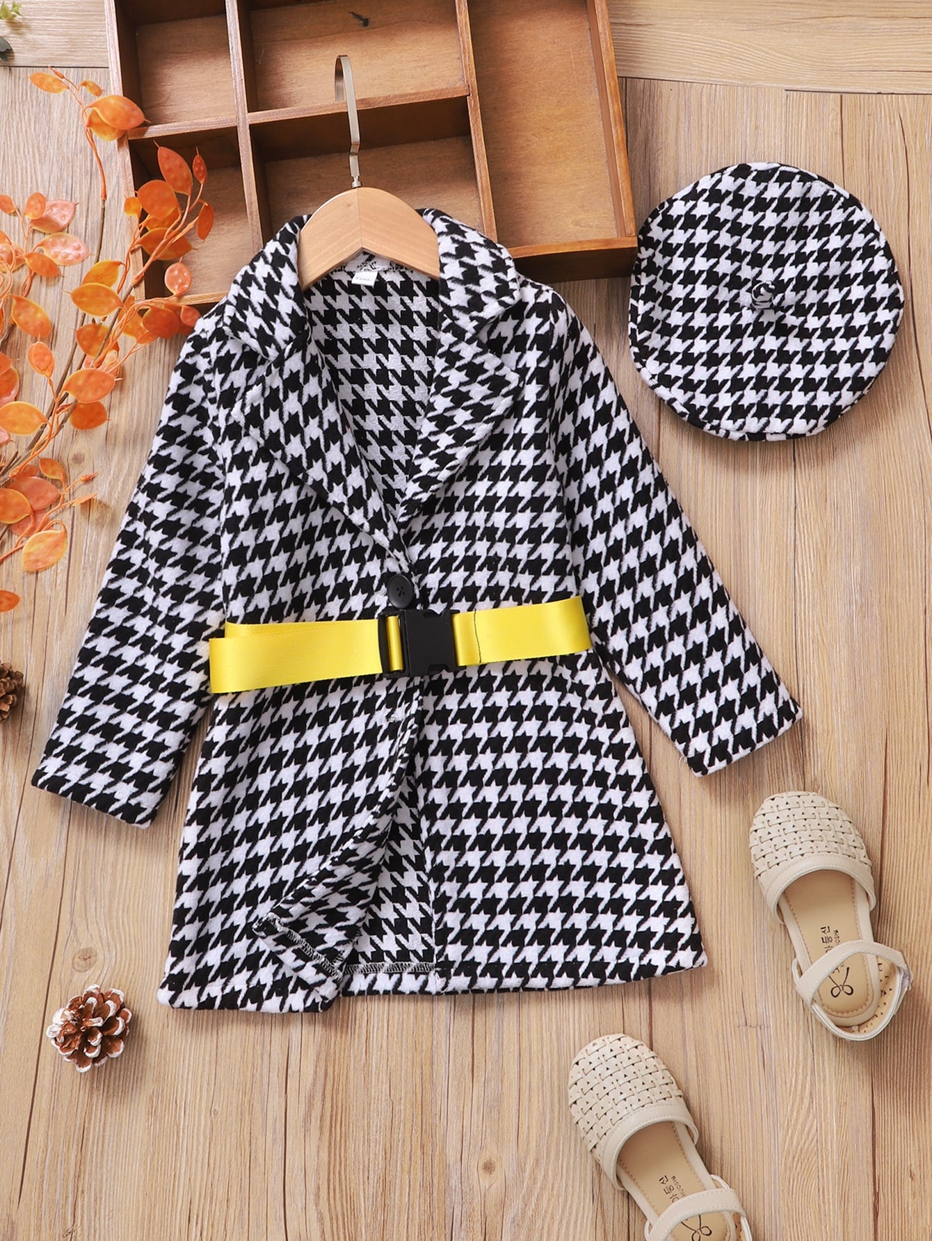 Toddler Girls Houndstooth Print Belted Tweed Overcoat With Hat