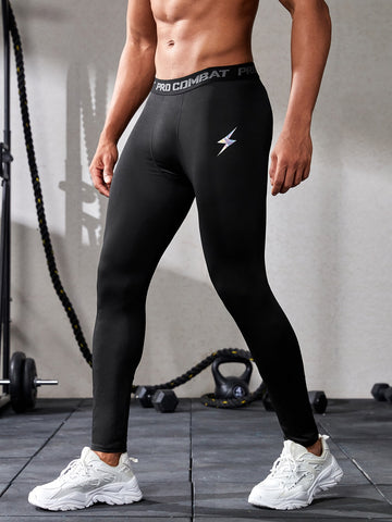 Men Lightning Print Contrast Letter Tape Sports Tights